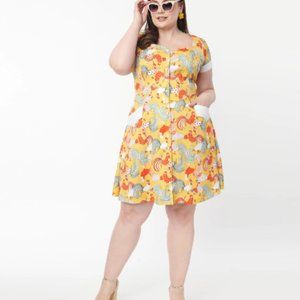 Vintage 1950s Style Mustard Rooster Print Fit & Flare Dress by Unique Vintage
